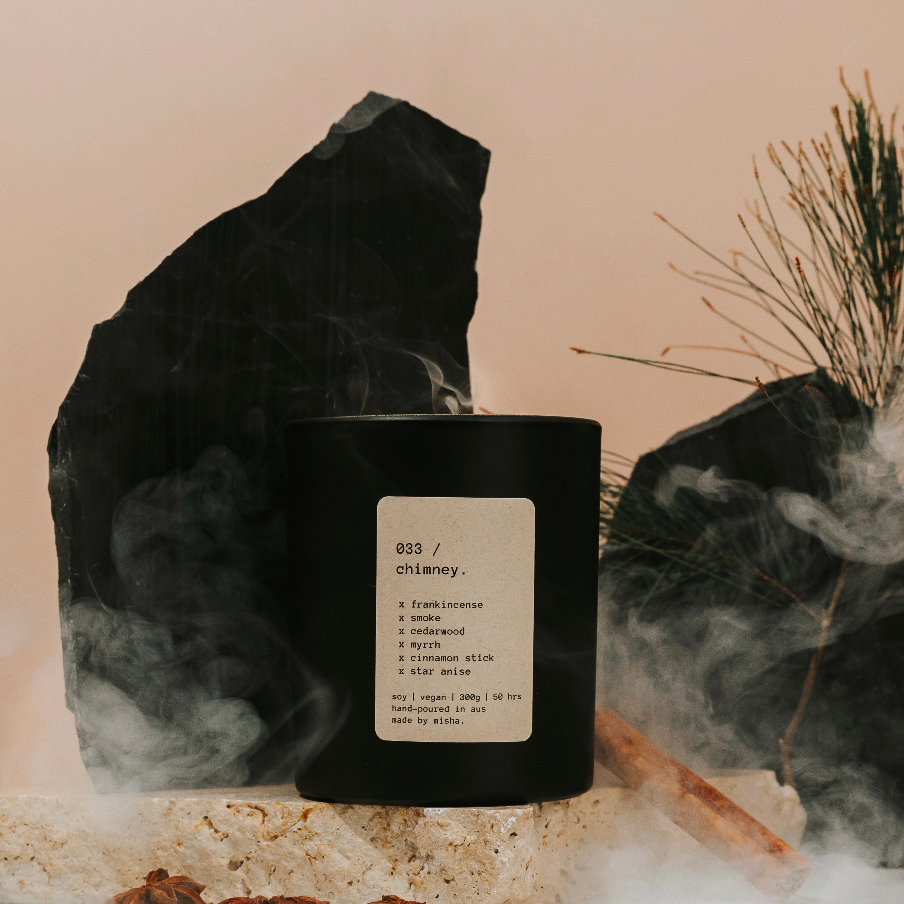 033 / chimney. (frankincense, smoke, cedarwood, myrrh, cinnamon stick, star anise)