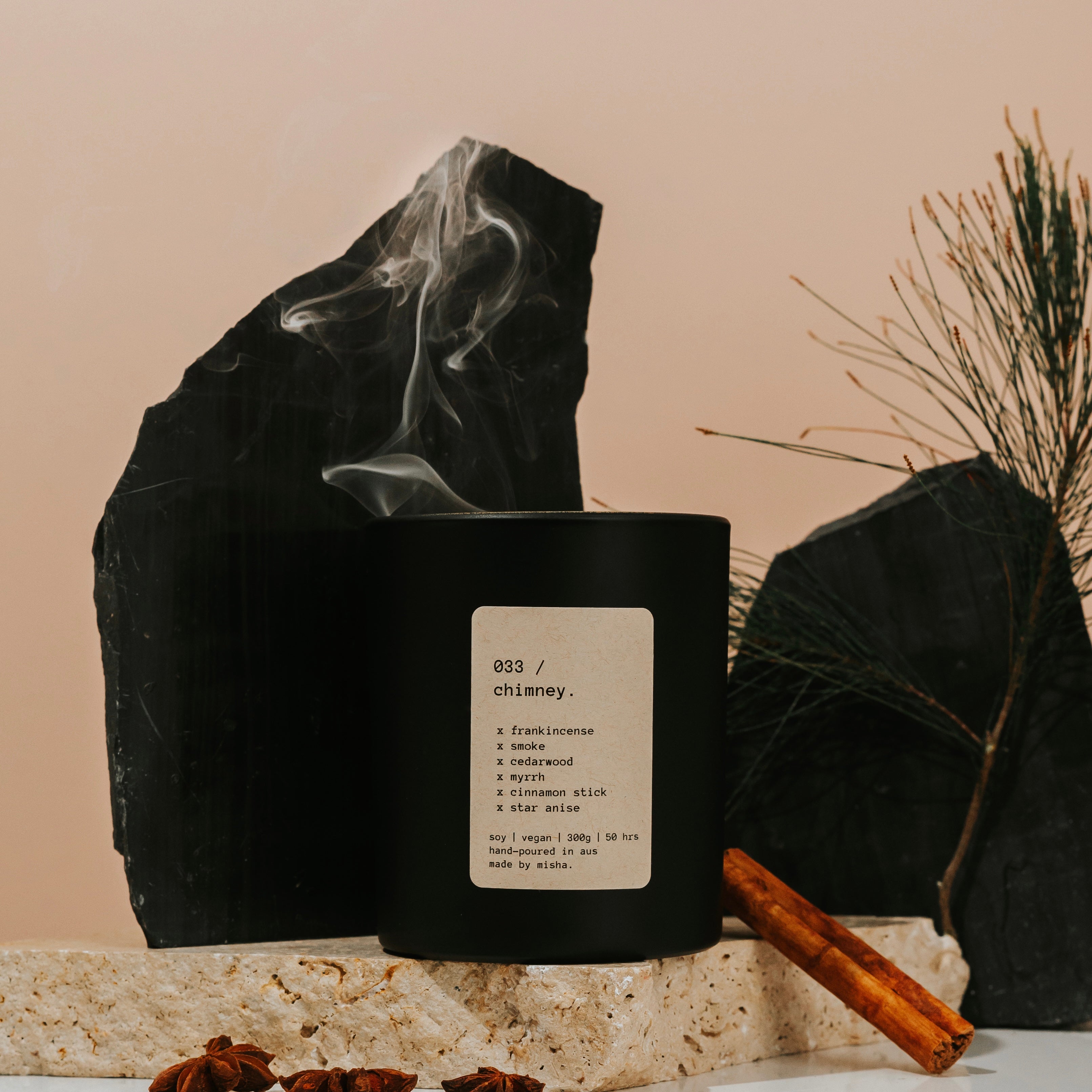 033 / chimney. (frankincense, smoke, cedarwood, myrrh, cinnamon stick, star anise)
